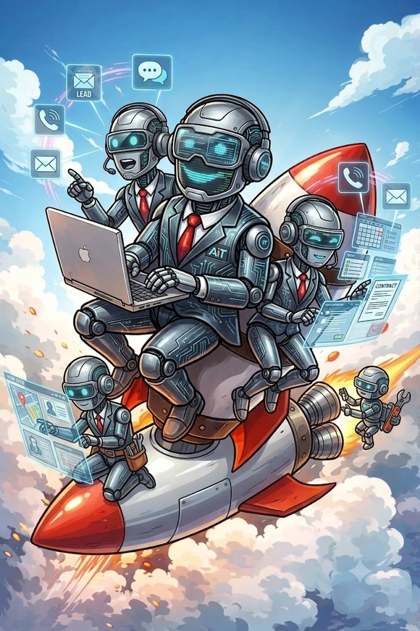 A team of AI agents riding a rocket — your always-on AI front office